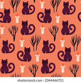 Seamless autumn pattern with a black cat. Cute Halloween wallpaper.