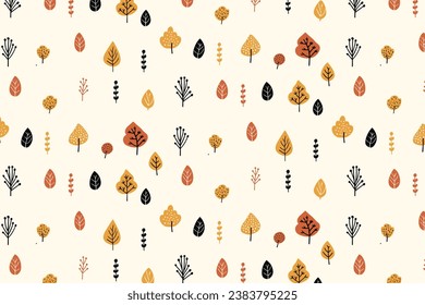 Seamless Autumn Pattern Black Leaves and Trees on White Background