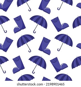 Seamless autumn pattern with blue rubber boots and an umbrella for rainy weather in a flat style isolated on a white background