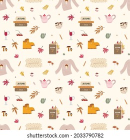 Seamless autumn pattern with books, blanket, sweater, pumpkins, boots, hot wine and fallen leaves. Bright colorful background for prints, backgrounds, wrapping paper, textile, linen, wallpaper, etc. 