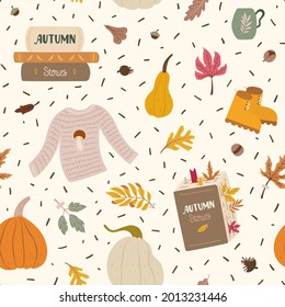 Patrón otoñal sin foco con libros, suéter, calabazas, botas y hojas caídas. Fondo colorido brillante para impresiones, fondos, papel de envoltura, textiles, lino, papel pintado, etc. 