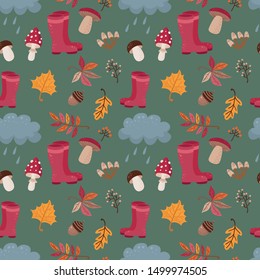 Seamless autumn pattern with boots, clouds, mushrooms