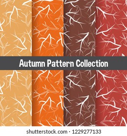 seamless autumn pattern with branch tree icons in flat style design. silhouette and border sketch objects. set colorful background. cartoon texture template collection. Vector illustration