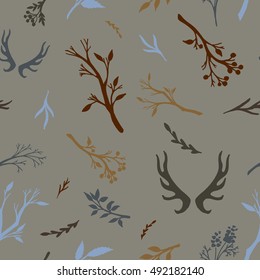 Seamless autumn pattern with branches and horns