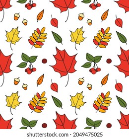 Seamless autumn pattern with bright forest leaves and berries. Cute print for baby textiles or wrapping paper. Vector illustration with hand drawn elements