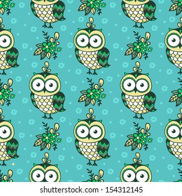 Seamless autumn pattern. Bright owls for childish backgrounds.