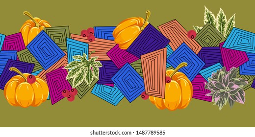 Seamless autumn pattern with bright pumpkins, berries and geometric elements. Hand-drawn autumn background for printing on fabric, clothing, home textiles, wallpaper, gift wrapping.