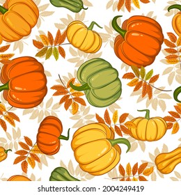 Seamless autumn pattern with bright pumpkins and leaves. Hand drawn pattern in flat style. Wallpaper, textiles, wrapping paper, page filling, cover, web, packaging.