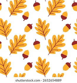Padrão de outono sem costura com folhas de carvalho amarelo brilhante e bolotas marrons sobre fundo branco para design de queda e aplicações têxteis