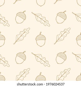 Seamless autumn pattern. Brown contour oak leaves and acorns on beige background. Vector illustration.