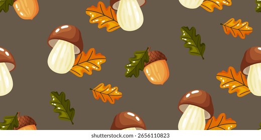 Padrão de outono sem costura com bolotas douradas de cogumelos marrons e folhas de carvalho laranja e verde espalhadas. Este design captura forrageamento florestal e beleza natural ideal para tecidos e papéis digitais.