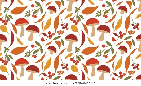 Seamless autumn pattern with brown mushrooms, red berries, and dry colorful falling leaves on a clean white background.