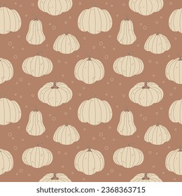 Seamless autumn pattern with brown pumpkins. Can be used for textile, wallpapers, gift wrap paper. Vector.	