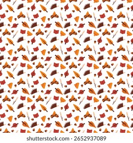 Seamless autumn pattern with campfire, hedgehog, trees, acorn and marshmallow on stick