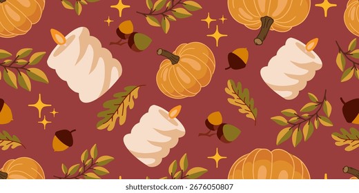Seamless autumn pattern with candle, pumpkin, acorns and fall leaves on dark background