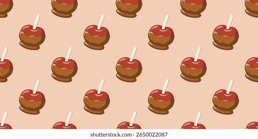 Seamless autumn pattern with caramel apples on beige background. Halloween treats print. Cartoon vector digitalpaper design 