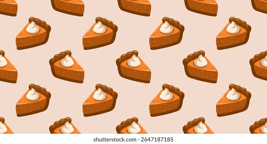 Seamless autumn pattern with cartoon pumpkin pie slices topped whipped cream on beige background. Vector background 