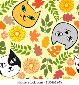 Seamless autumn pattern with cats and flowers on a yellow background 