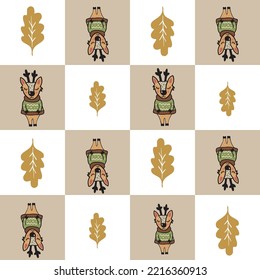 A Seamless Autumn Pattern With A Checkered Field, An Oak Leaf And A Cute Deer Charachter, A Funny Fall Season Background In White And Beige 