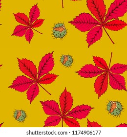 seamless autumn pattern, chestnut leaves and nuts on yellow background vector, hand drawing