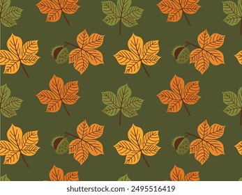 Seamless autumn pattern with chestnut leaves of different colors and chestnuts on a green background. Vector illustration of chestnut leaves for print, textile, wrapping paper, background
