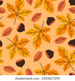 Seamless autumn pattern with chestnuts and leaves. Vector graphics.