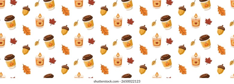 Padrão de outono perfeito com xícaras de café, velas, bolotas e folhas coloridas. Vetor de desenhos animados outono temporada fundo