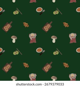 Patrón de otoño sin fisuras con café, sopa, champiñones, castañas sobre fondo verde oscuro. Diseño de temporada acogedor.