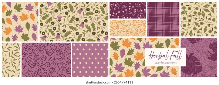 Seamless autumn pattern collection featuring botanical elements, falling leaves, flowers, and berries. Perfect for fabric, wrapping, scrapbooking, and seasonal harvest projects. Thanksgiving Day.