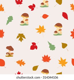Seamless autumn pattern with color leaves and mushrooms. Vector background.