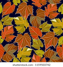 seamless autumn pattern with colored leaves on a black background.Bright color background for  cards, paper wrapper and other objects. Hand drawing vector illustration