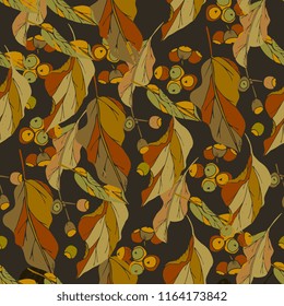 seamless autumn pattern with colored leaves in autumn colors.Bright color background for  cards, paper wrapper and other objects. Hand drawing vector illustration.