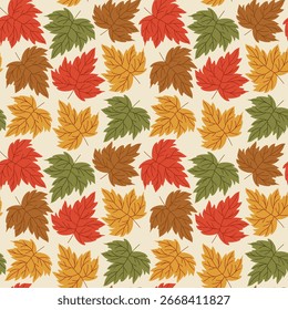 Seamless autumn pattern with colorful fall leaves in red, yellow, brown and green. Decorative seasonal background for fabric, paper, wrapping and design projects.