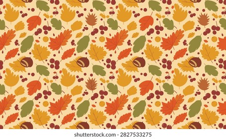 Seamless autumn pattern with colorful fallen leaves, brown acorns, and red forest berries on a warm cream background.