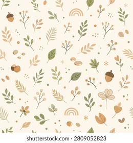 Seamless autumn pattern with colorful foliage leaves and acorns on beige background.