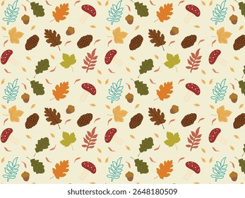 Padrão de outono sem costura com folhas coloridas desenhadas à mão, bolotas, cogumelos e pinecones em um fundo texturizado leve. Ideal para tecido, papel de embrulho, projetos sazonais e projetos de Ação de Graças.