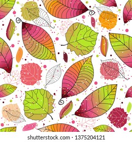 Seamless autumn pattern with colorful leaves and polka dots on a transparent background. Vector image. Eps 8