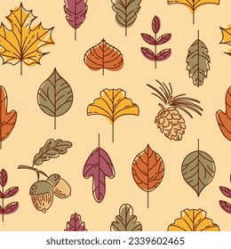 Seamless autumn pattern. Colorful leaves. Maple, ginkgo biloba, linden, lilac, mountain ash. Acorn and cedar cone. In vintage colors. For wallpaper, printing on fabric, packaging, background.