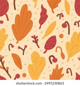 Seamless autumn pattern with colorful leaves and berries on a beige background. Fall forest repeat background. Vector hand drawn illustration.