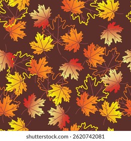 seamless autumn pattern with colorful maple leaves on dark brown background