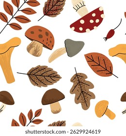 Seamless autumn pattern with colorful mushrooms, leaves, and berries on a white background. Hand drawn style perfect for seasonal designs, wrapping paper, or fabric prints. Vector illustration