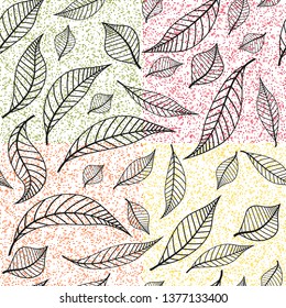 Seamless autumn pattern with colorful polka dot and black leaves silhouettes on transparent background. Vector image. Eps 8