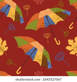 Motif harmonieux d'automne avec des parapluies et des feuilles colorés sur fond rouge. Idéal pour les projets textiles, textiles et fonds d'écran. Design cosy et tendance. Image vectorielle