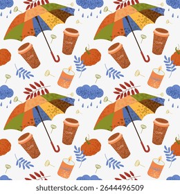 Seamless autumn pattern with colorful umbrellas, coffee cups, pumpkins, candles, and leaves. Cozy and warm design perfect for seasonal textiles, wallpapers, and wrapping paper. Vector.