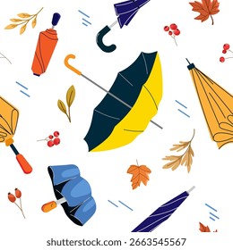 Seamless Autumn Pattern with Colorful Umbrellas and Leaves. Seamless background with colorful umbrellas, autumn leaves, and berries for fabric prints, wrapping paper, wallpapers, stationery. Vector 