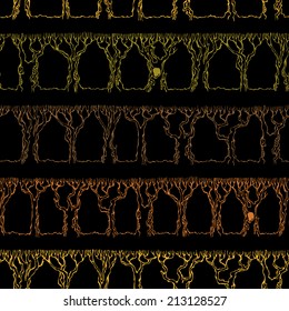 Seamless autumn pattern. Colourful tree silhouettes on black background.