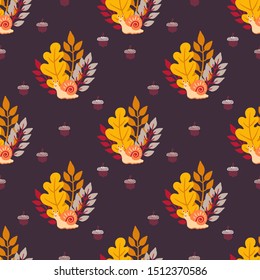 Seamless autumn pattern with compositions with leaves and snail. Vector illustration.