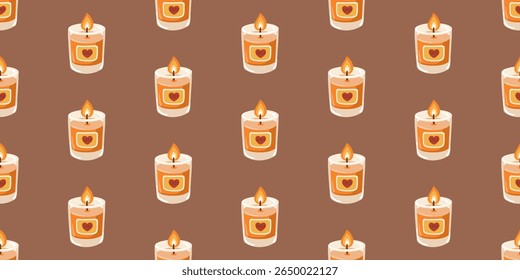 Padrão de outono sem costura com velas de queima aconchegantes em fundo marrom. Design de papel digital vetorial de desenhos animados 