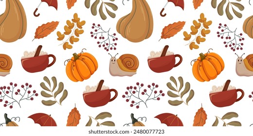 Seamless autumn pattern, cozy elements such as orange pumpkins, cinnamon spiced hot beverages in red mugs, fall leaves, berries, and a cute snail. Warm seasonal motif for textiles and decorations.