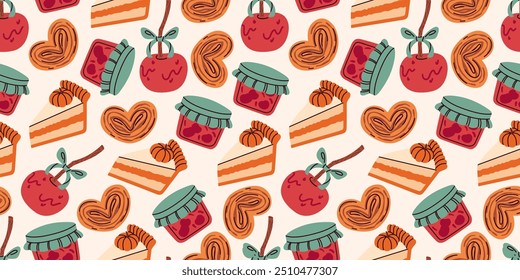 Seamless autumn pattern with cozy elements like pumpkin pie slices, jam jars, heart-shaped pastries, and caramel apples. Warm, hand-drawn design is perfect for seasonal decor, packaging, and textiles.